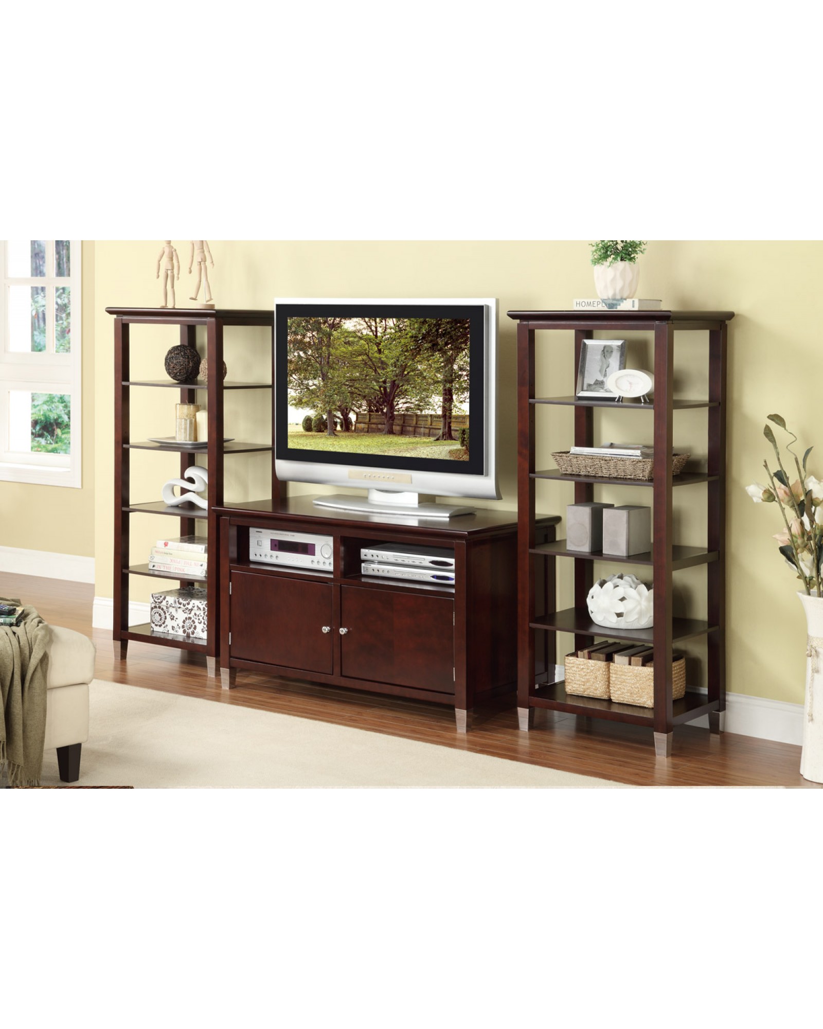 Contemporary TV Stand with Storage and Optional Media Shelves, Dark Cherry Finish