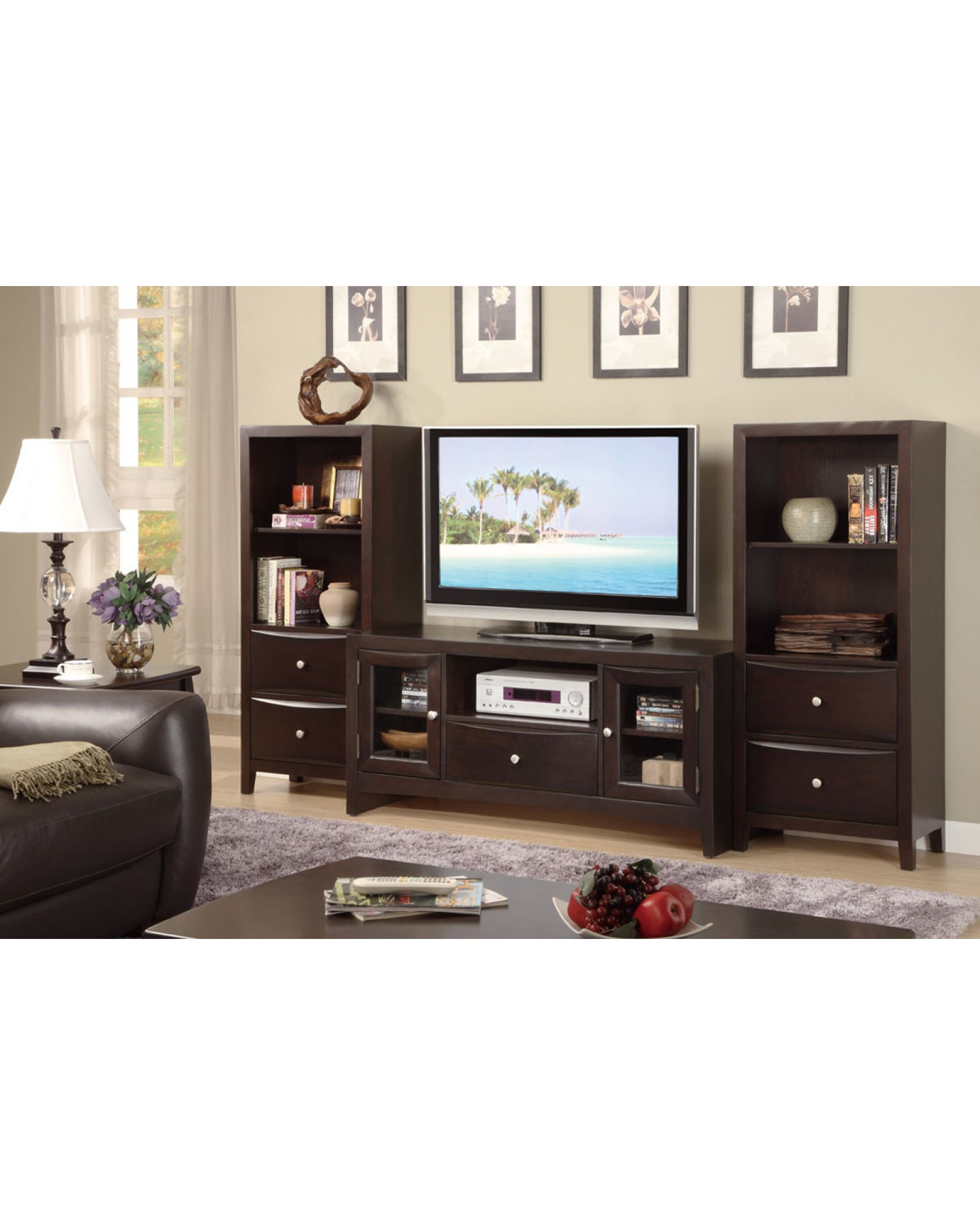 Contemporary TV Stand with Glass Panel Side Storage