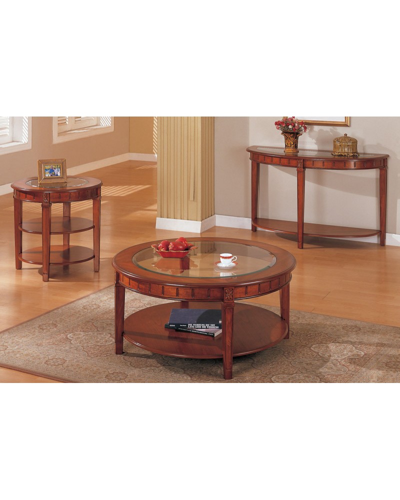 Coffee Table and Matching End Table and Console, Round, Oak Veneer with Glass Top