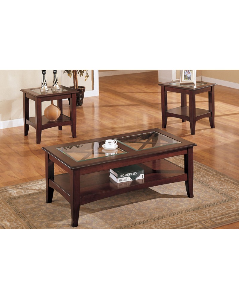 3 Piece Coffee Table Set, Dark Mahogany with Glass Panel Top