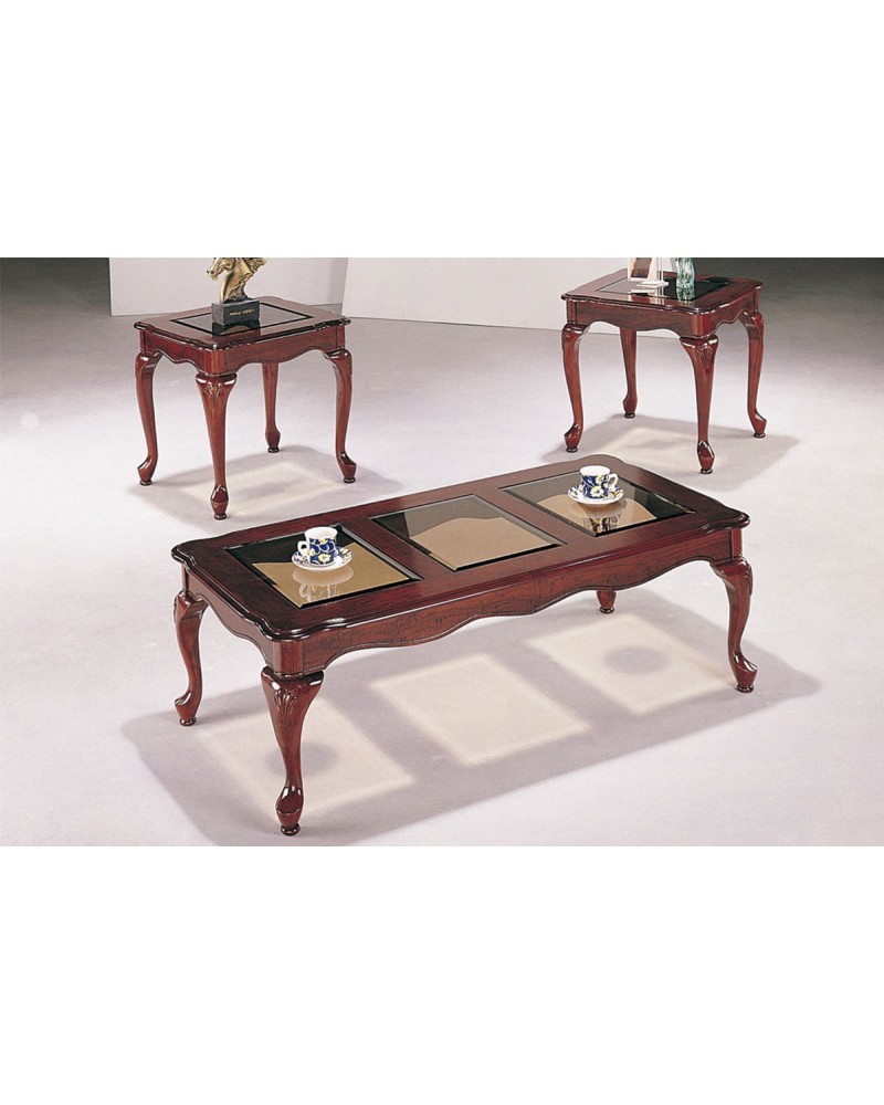 3 Pcs Coffee Table Set, Antique Cherry Finish, Glass Panel Top