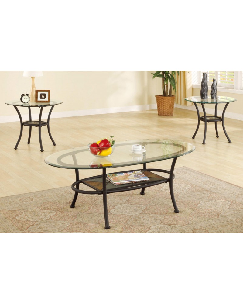 3 Piece Coffee Table Set, Elliptical Glass Top with Stone Mosaic Shelf