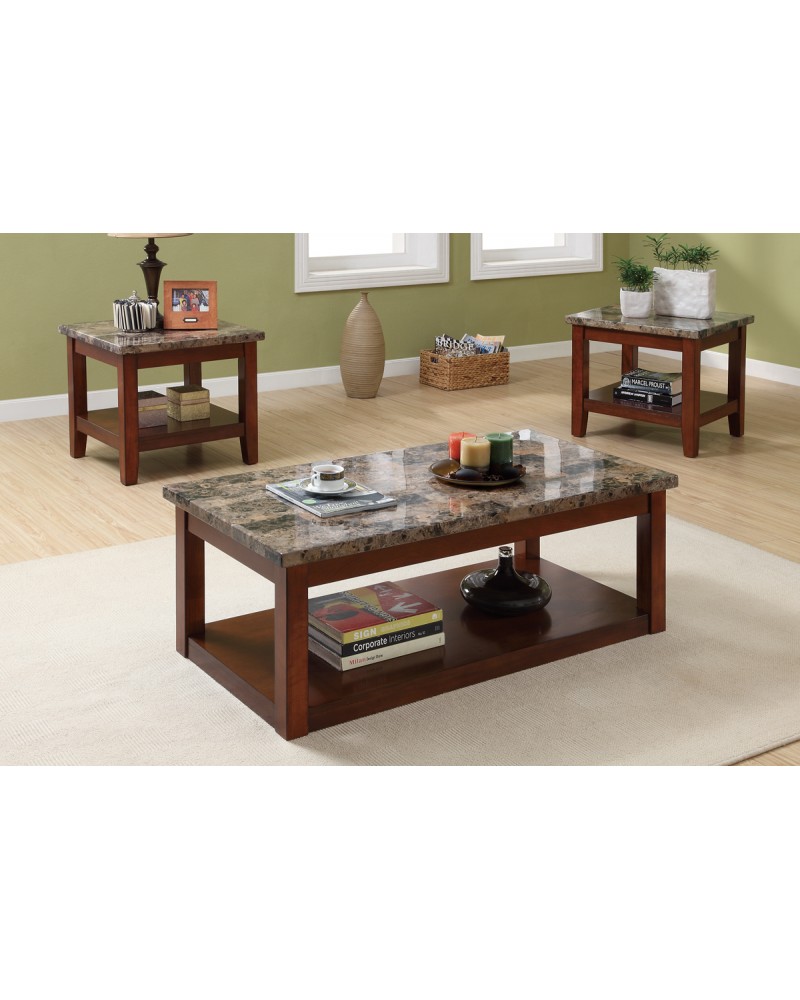 3 Piece Coffee Table Set, Cherry Wood Finish, Granite Veneer Top