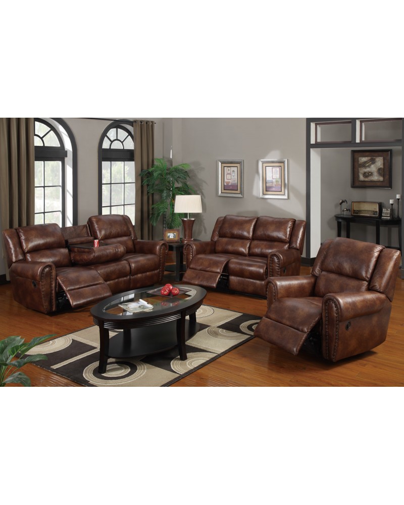 Padded Leatherette Motion Sofa, Loveseat and Recliner, Brown