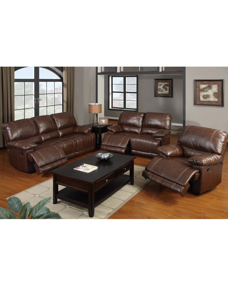 Bonded Leather Motion Sofa, Loveseat and Recliner, Mahogany