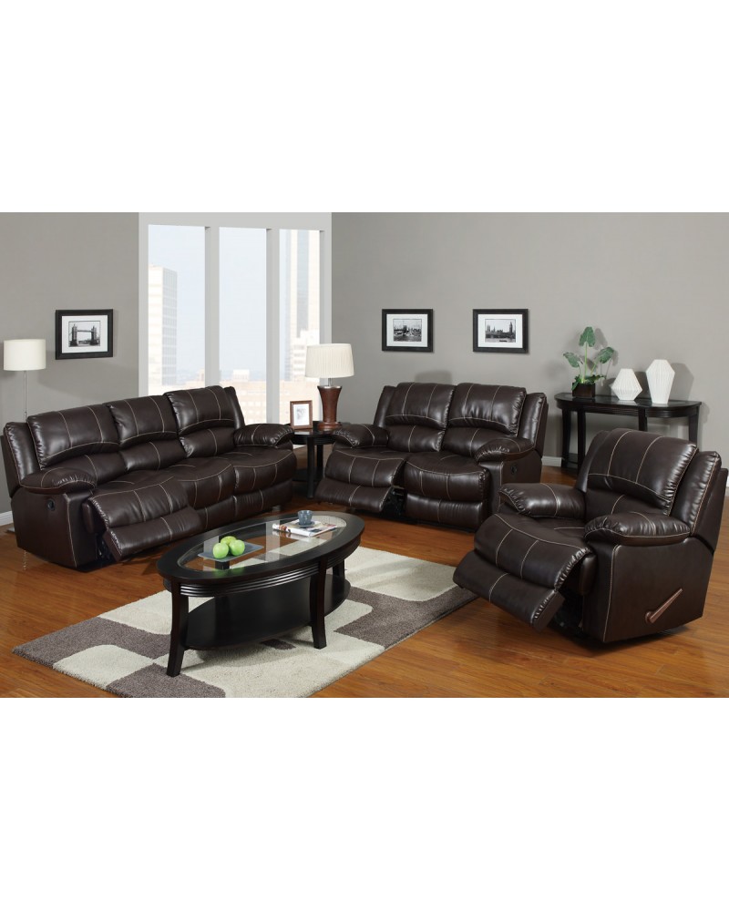 Bonded Leather Motion Sofa, Loveseat and Recliner, Dark Brown