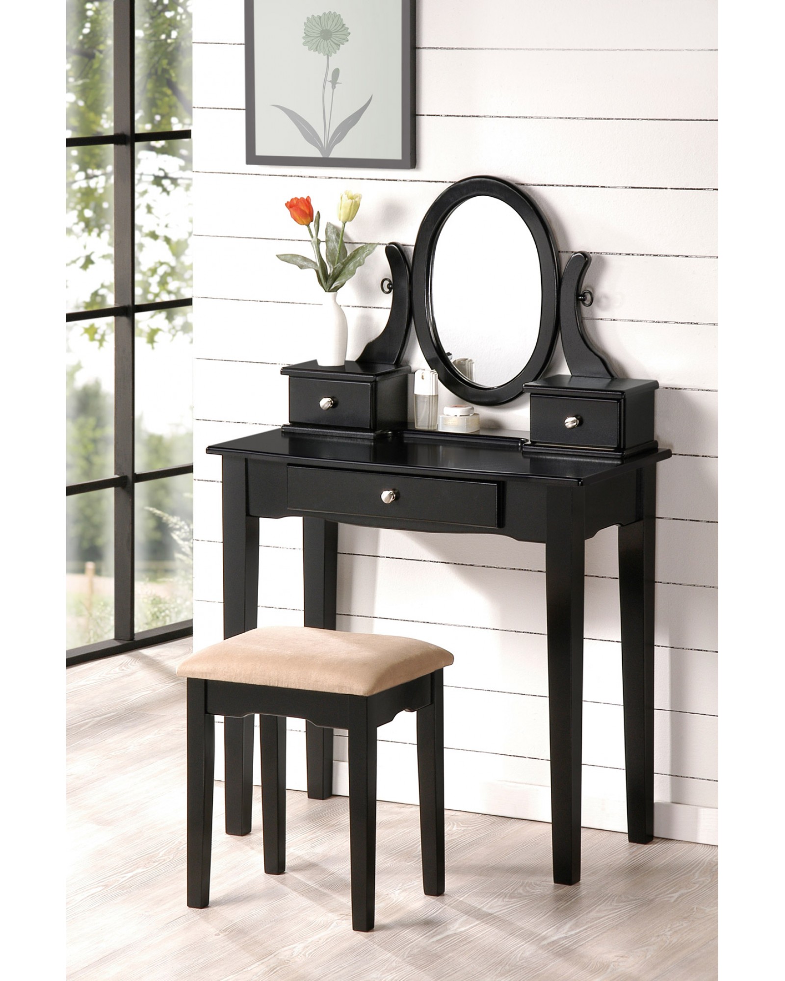 Vanity Set with Stool, Straight Legs, Multiple Finishes Available