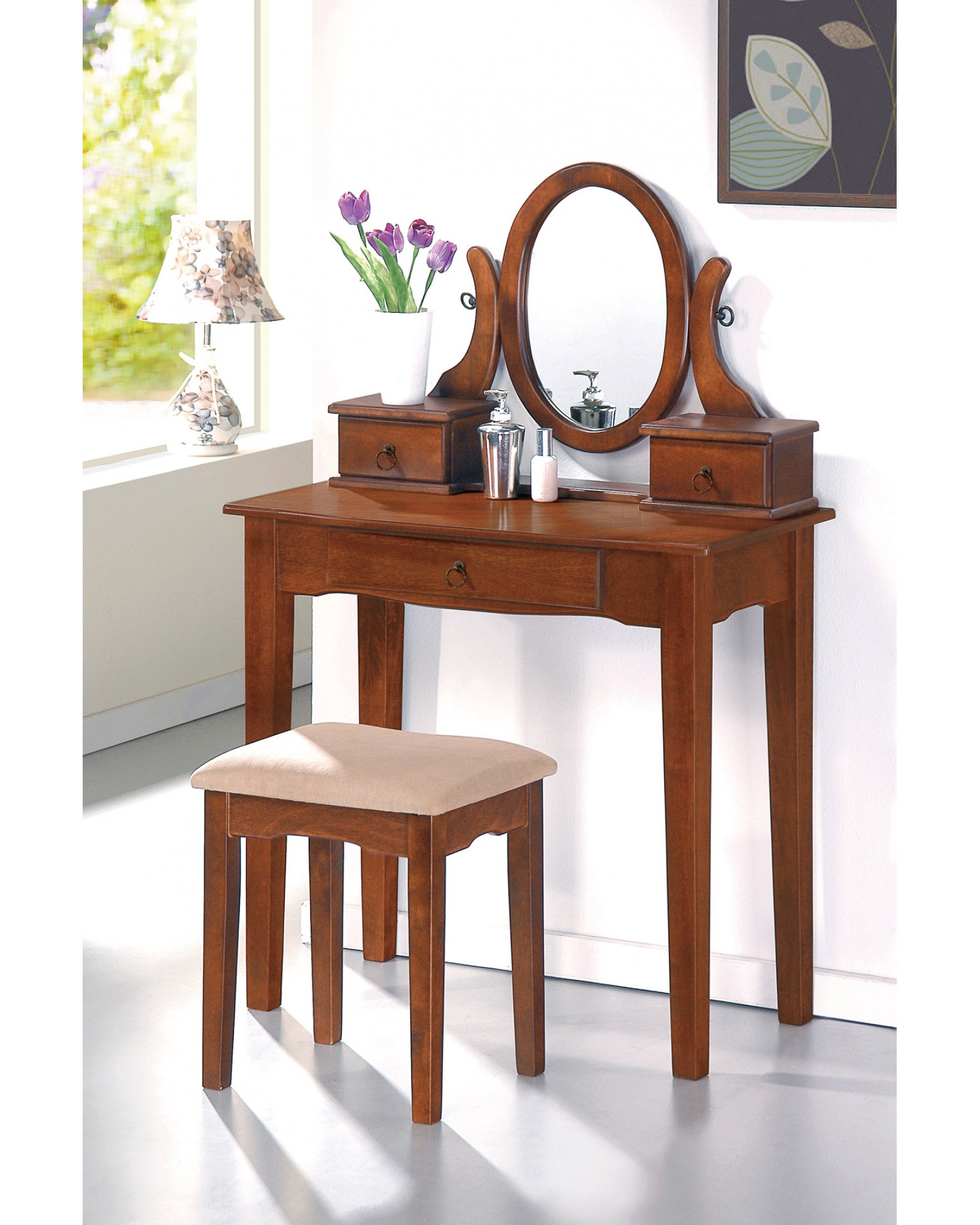 Vanity Set with Stool, Straight Legs, Multiple Finishes Available