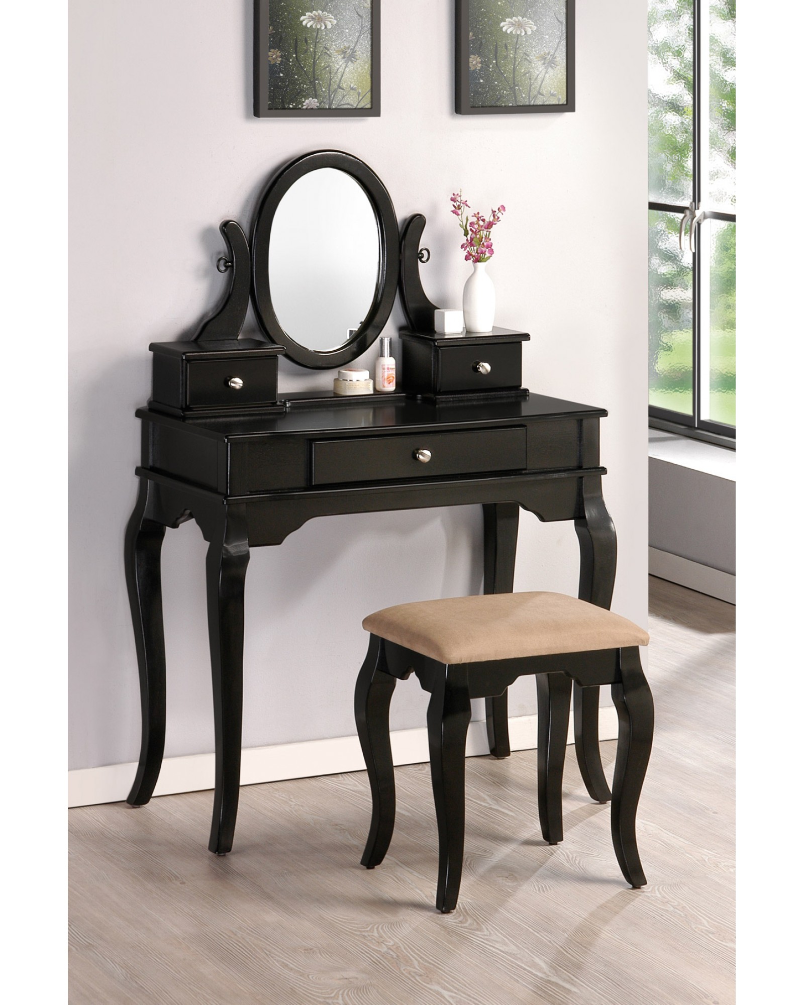 Vanity Set with Stool, Queen Anne Legs, Multiple Finishes Available