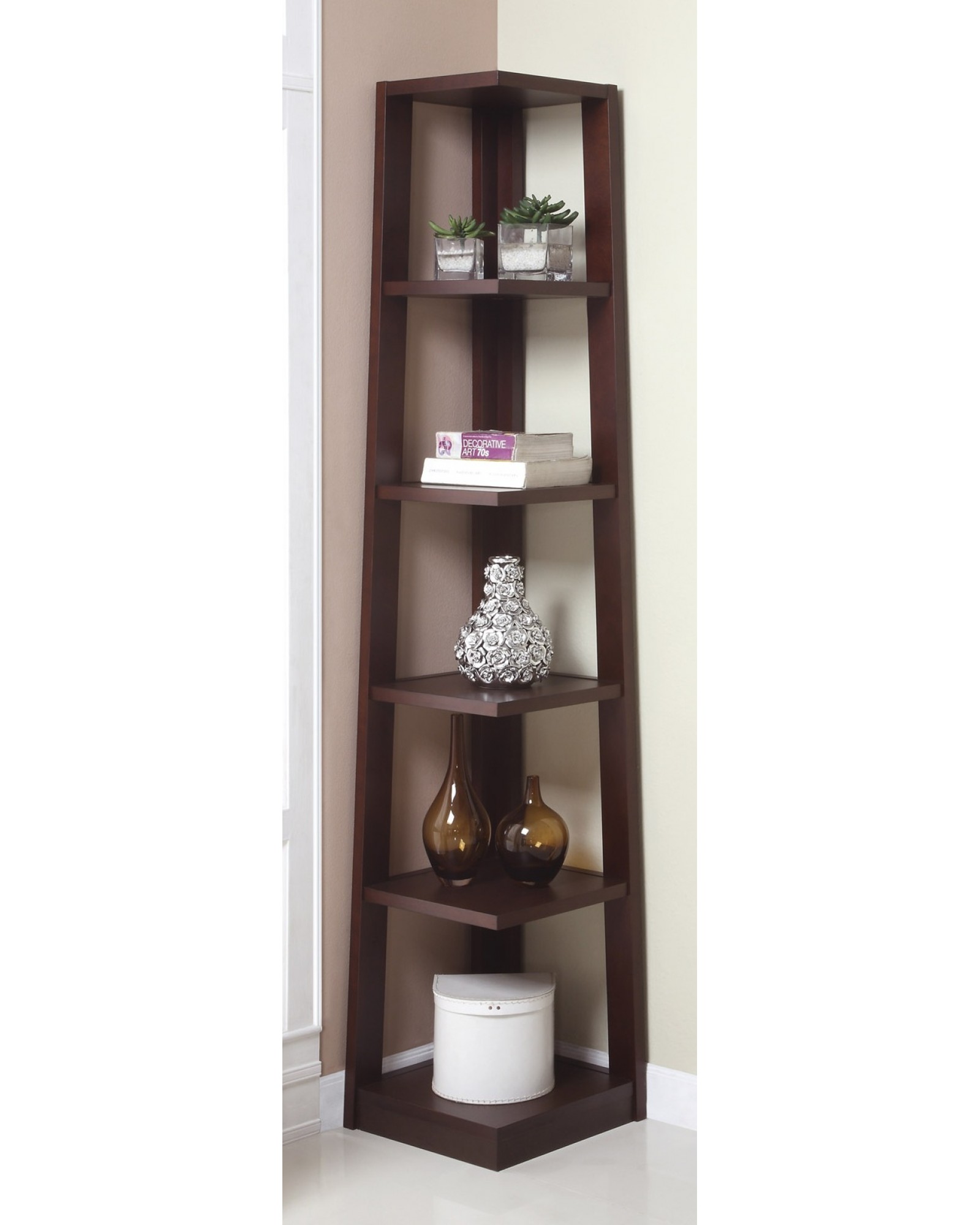 Corner Tower Shelf, Available in Walnut and Black.
