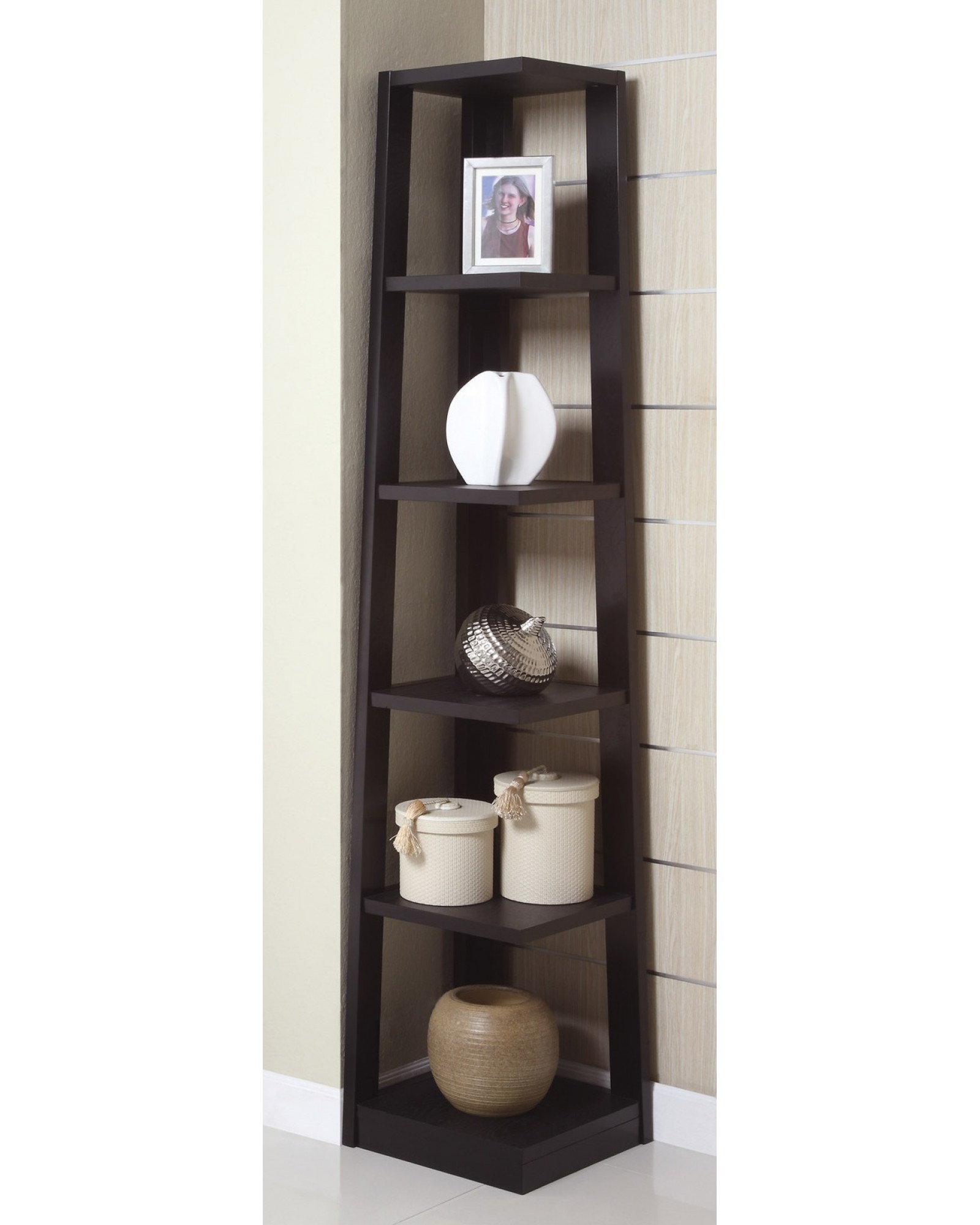 Corner Tower Shelf, Available in Walnut and Black.