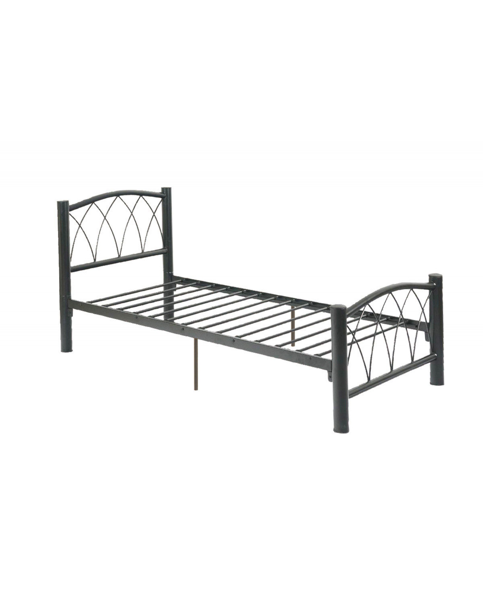 Black Metal Frame Youth Bed with Slats.  Bent Metal Accents.  Available in Twin and Full.