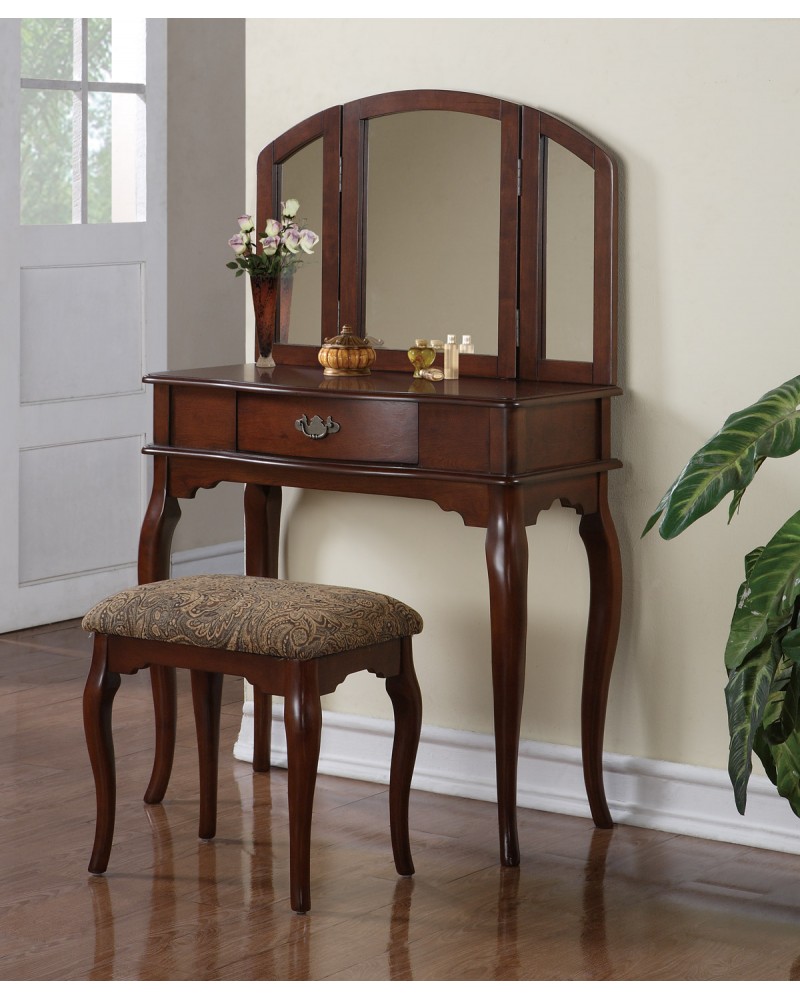 Vanity Set with Stool, Single Drawer, Tri-Fold Mirror.  Multiple Finishes Available. Dark Cherry