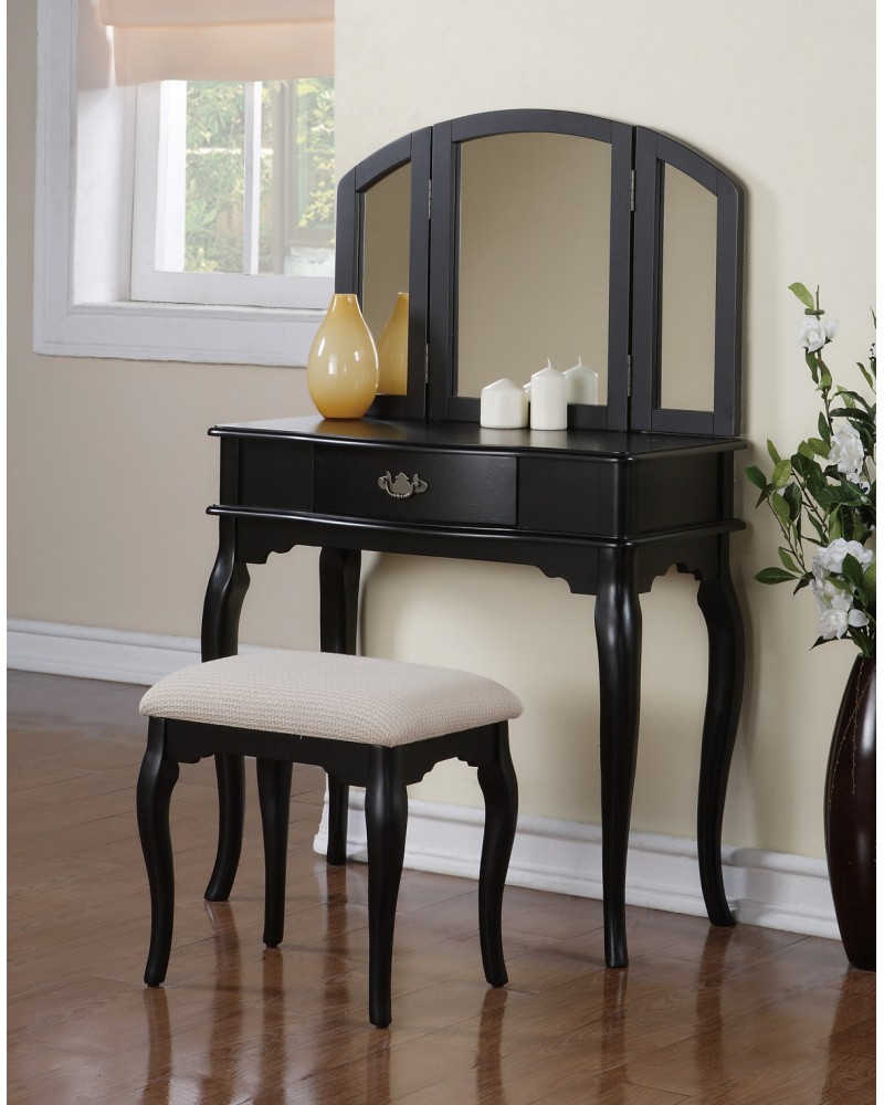 Vanity Set with Stool, Single Drawer, Tri-Fold Mirror.  Multiple Finishes Available. Black