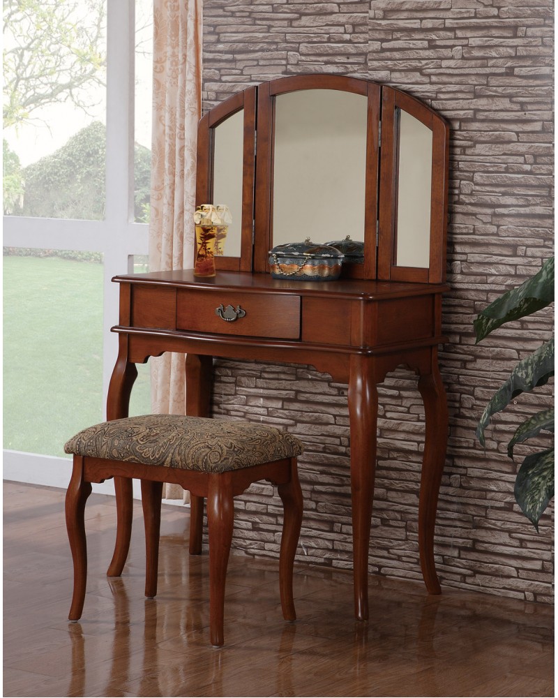 Vanity Set with Stool, Single Drawer, Tri-Fold Mirror.  Multiple Finishes Available. Walnut