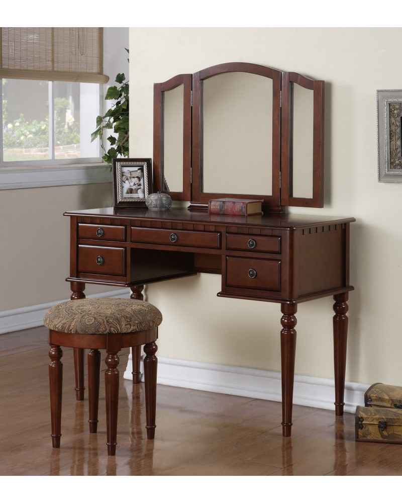 Vanity Set with Stool, Multiple Drawers, Tri-Fold Mirror.  Multiple Finishes Available. Dark Cherry