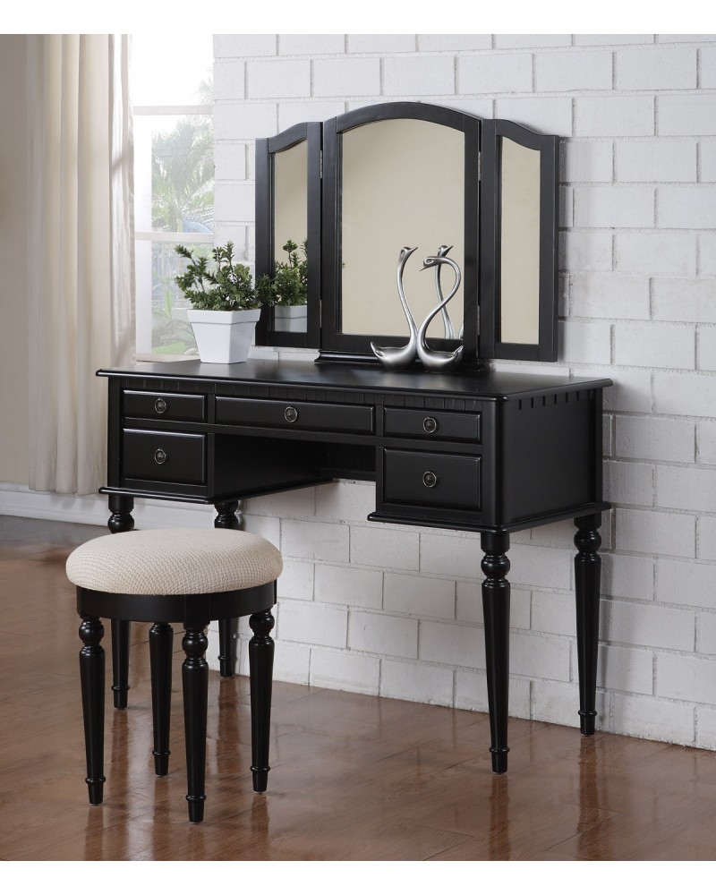 Vanity Set with Stool, Multiple Drawers, Tri-Fold Mirror.  Multiple Finishes Available. Black