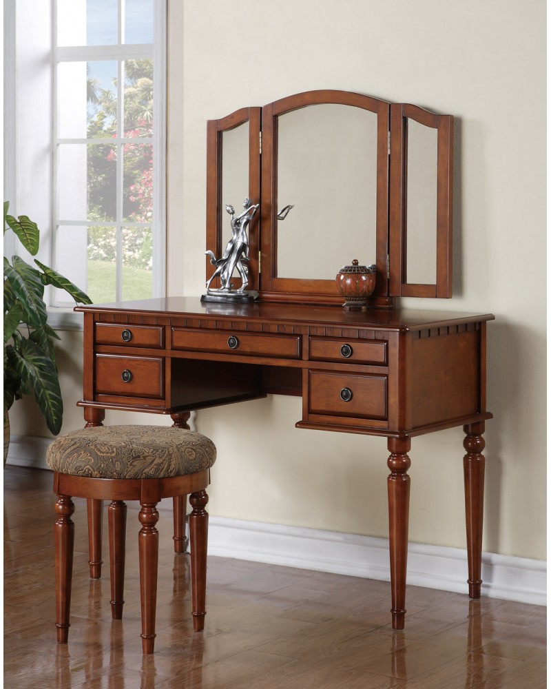 Vanity Set with Stool, Multiple Drawers, Tri-Fold Mirror.  Multiple Finishes Available. Walnut