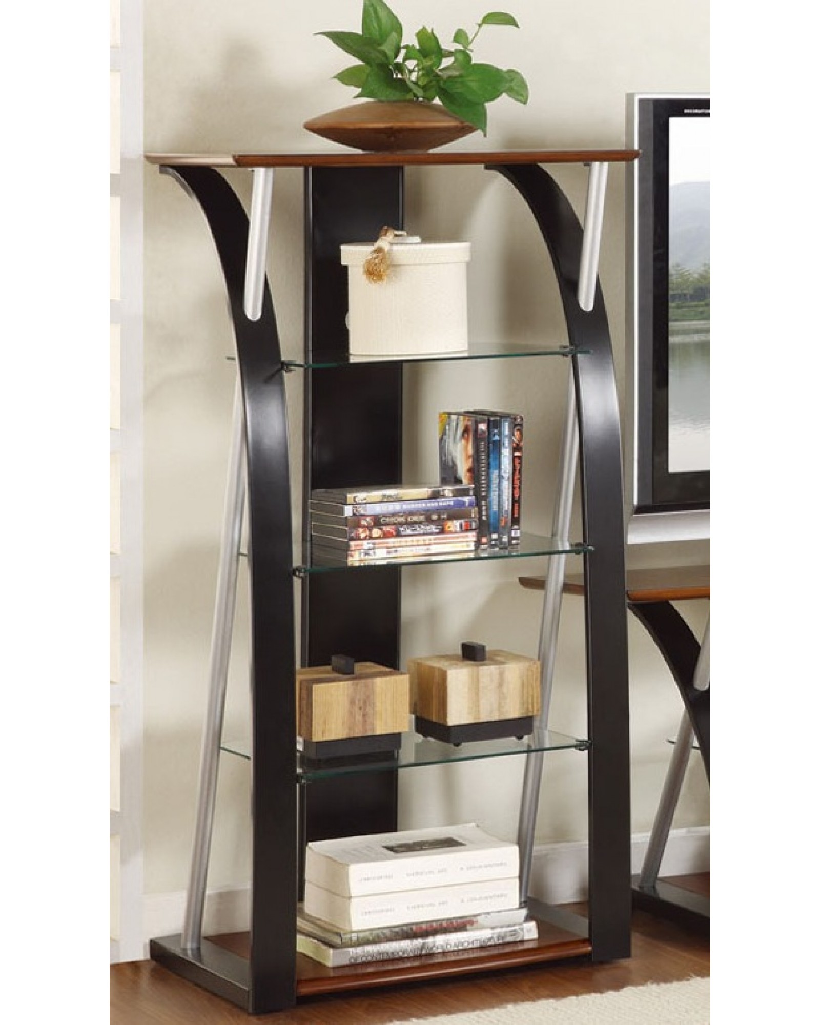 Contemporary TV Stand, 2-Tone Dark Walnut and Black with Optional Media Shelf