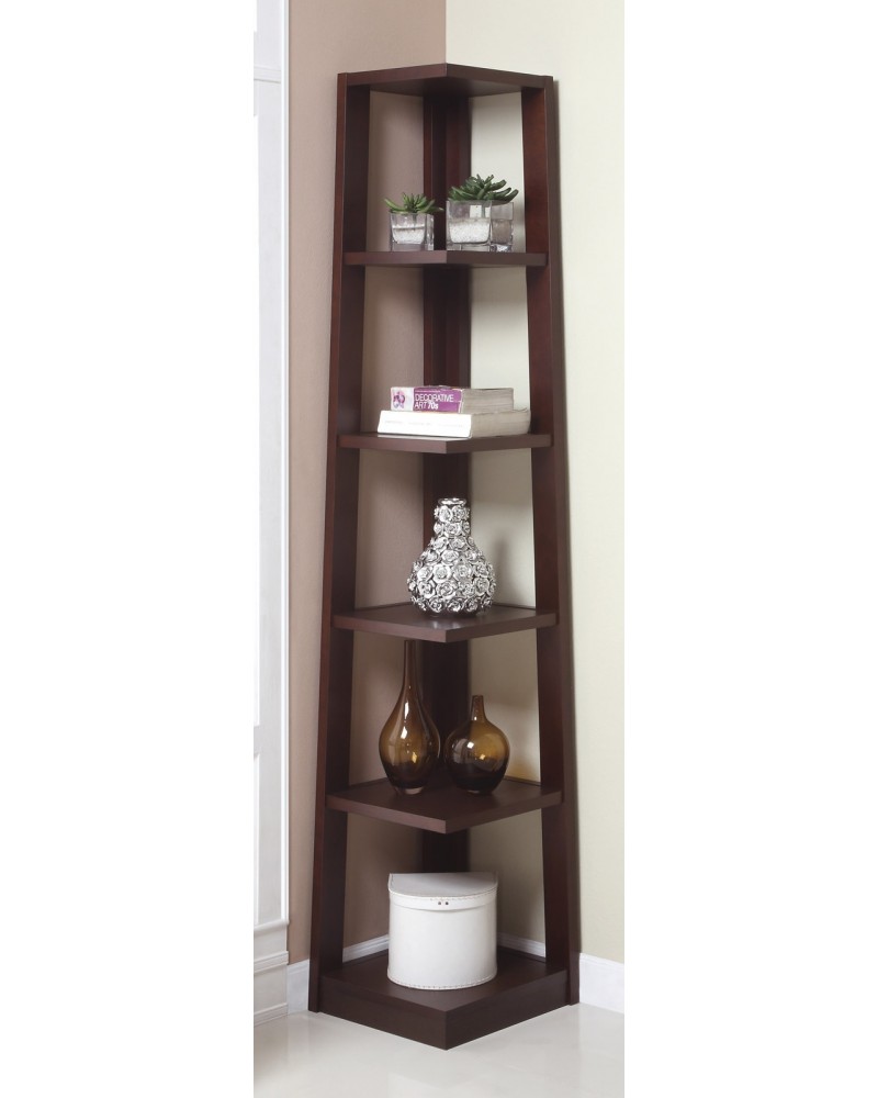 Corner Tower Shelf, Available in Walnut and Black. Walnut