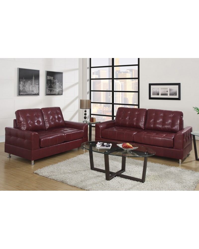 Burgundy Bonded Leather Sofa and Loveseat