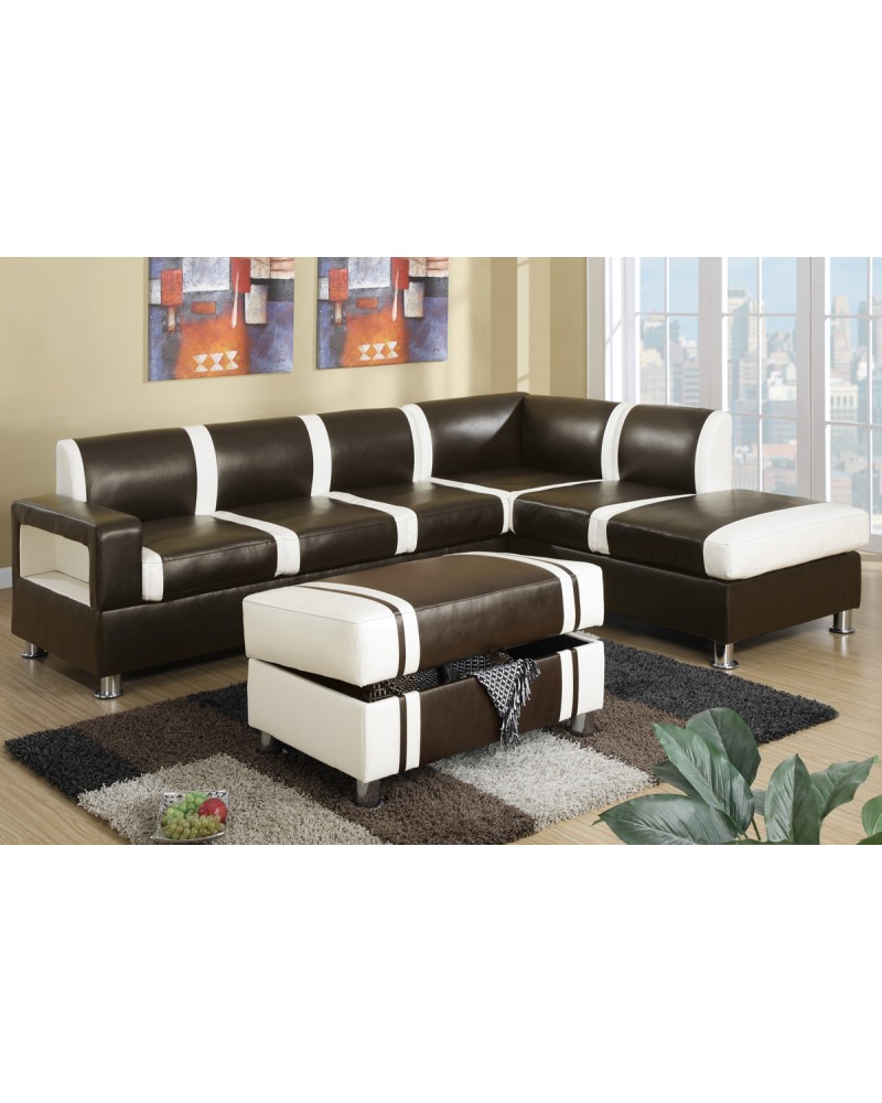 Ultra Modern Two Tone Faux Leather Sectional Sofa with Ottoman - Espresso/Cream