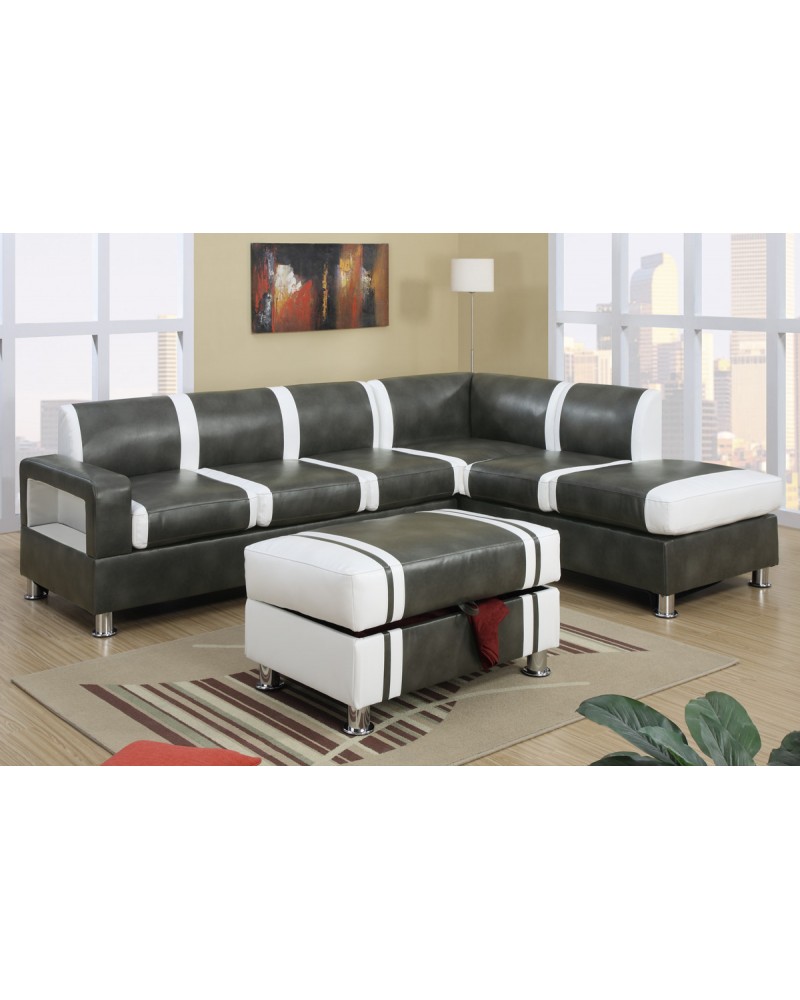 Ultra Modern Two Tone Faux Leather Sectional Sofa with Ottoman - Gray/Cream