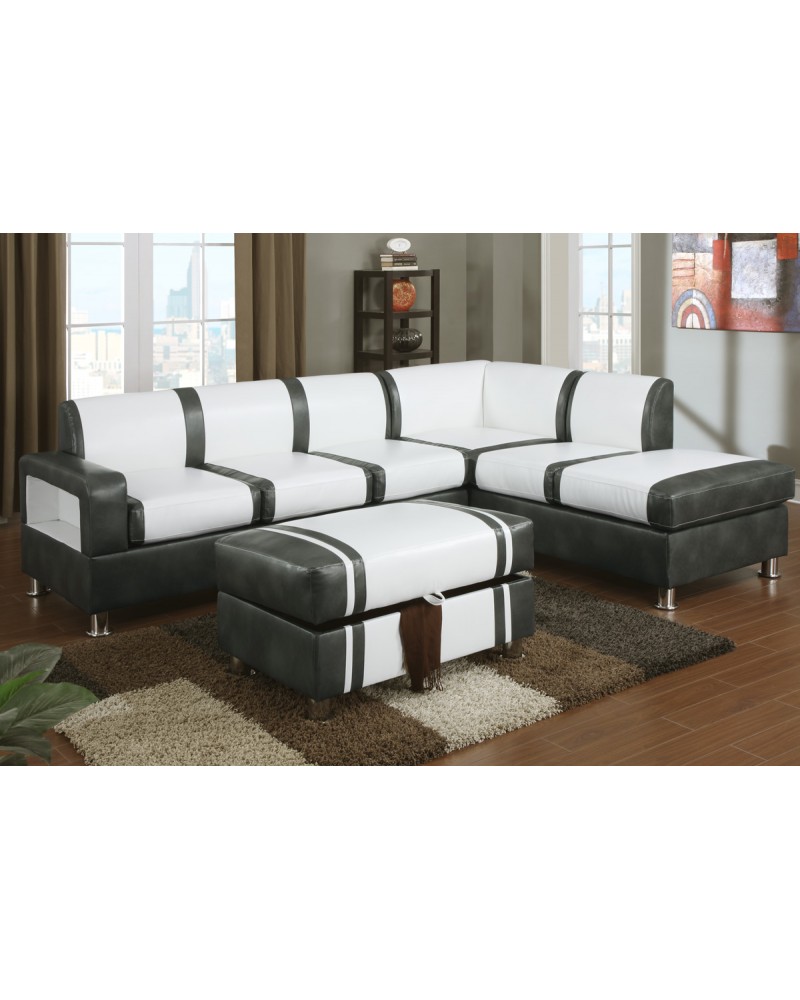 Ultra Modern Two Tone Faux Leather Sectional Sofa with Ottoman - Cream/Gray