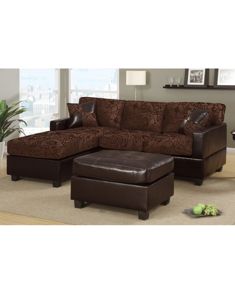 All-In-One Floral Print Sectional Sofa with Ottoman - Chocolate