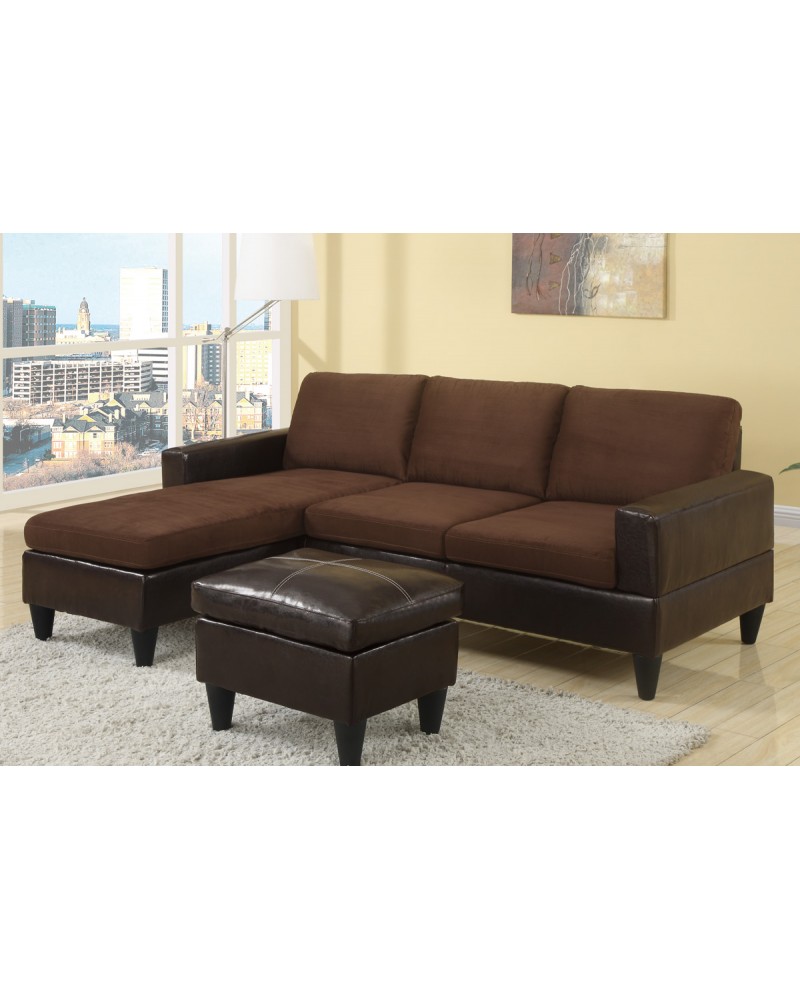 All-In-One Faux Leather and Microfiber Sectional Sofa with Ottoman - Chocolate