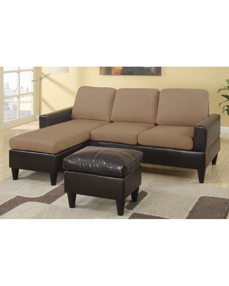 All-In-One Faux Leather and Microfiber Sectional Sofa with Ottoman - Saddle Tan