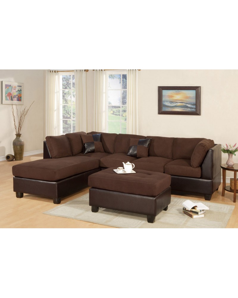 3 Piece Sectional Sofa and Ottoman - Two Tone Microfiber, Chocolate