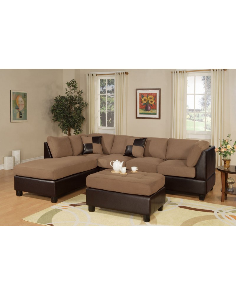 3-Piece Sectional Sofa and Ottoman - Two Tone Microfiber, Saddle