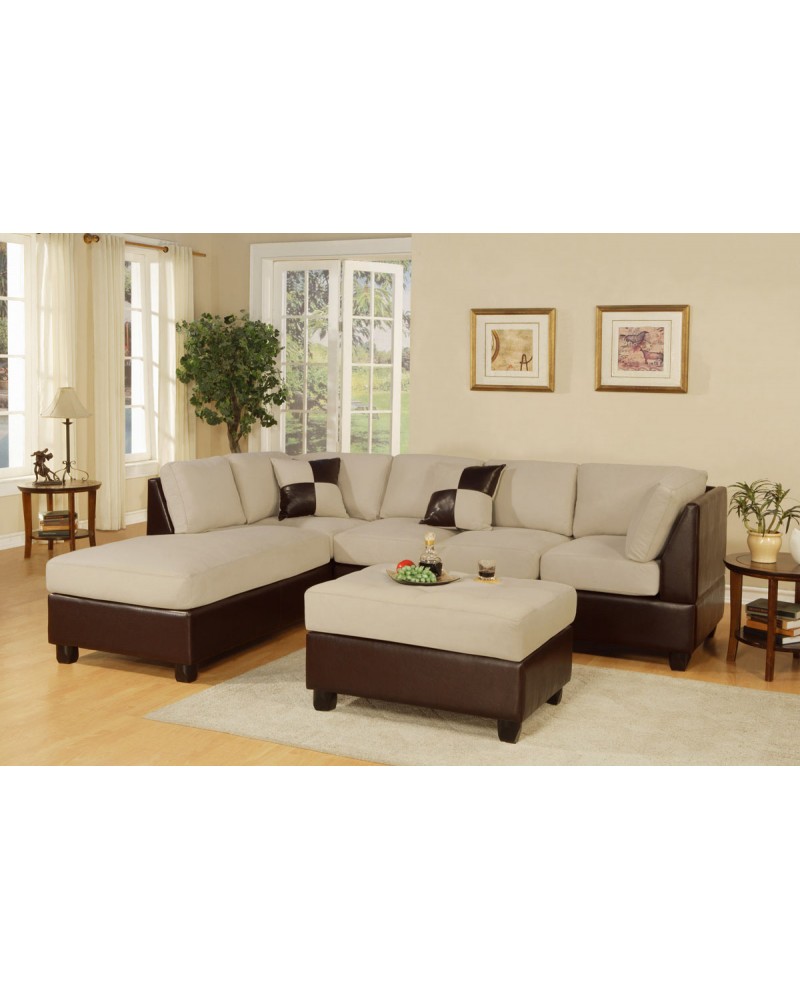 3-Piece Sectional Sofa and Ottoman - Two Tone Microfiber, Mushroom