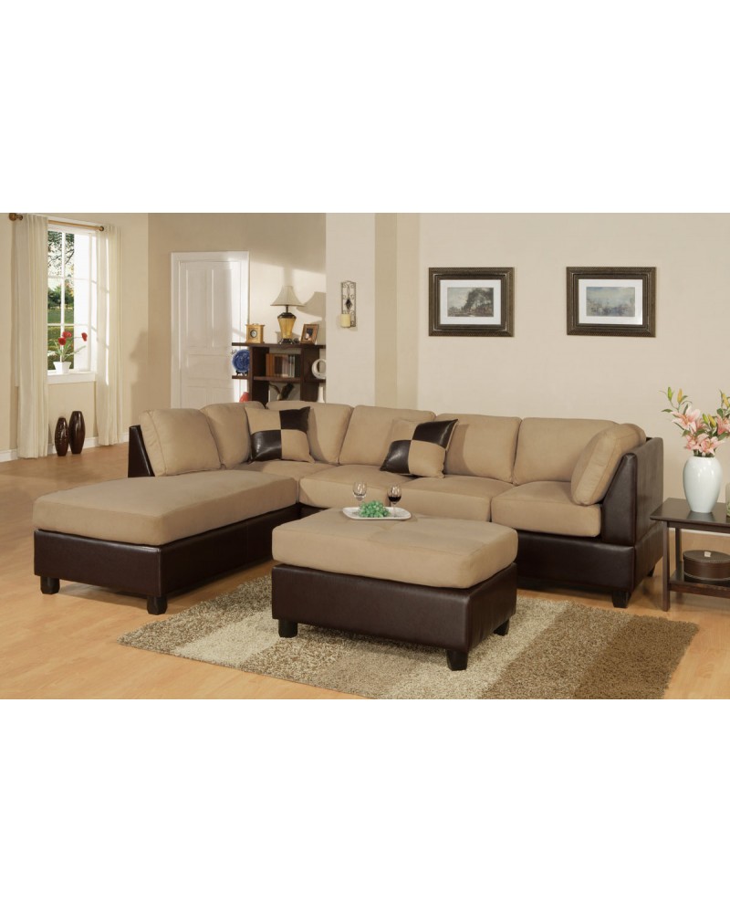 3-Piece Sectional Sofa and Ottoman - Two Tone Microfiber, Hazelnut