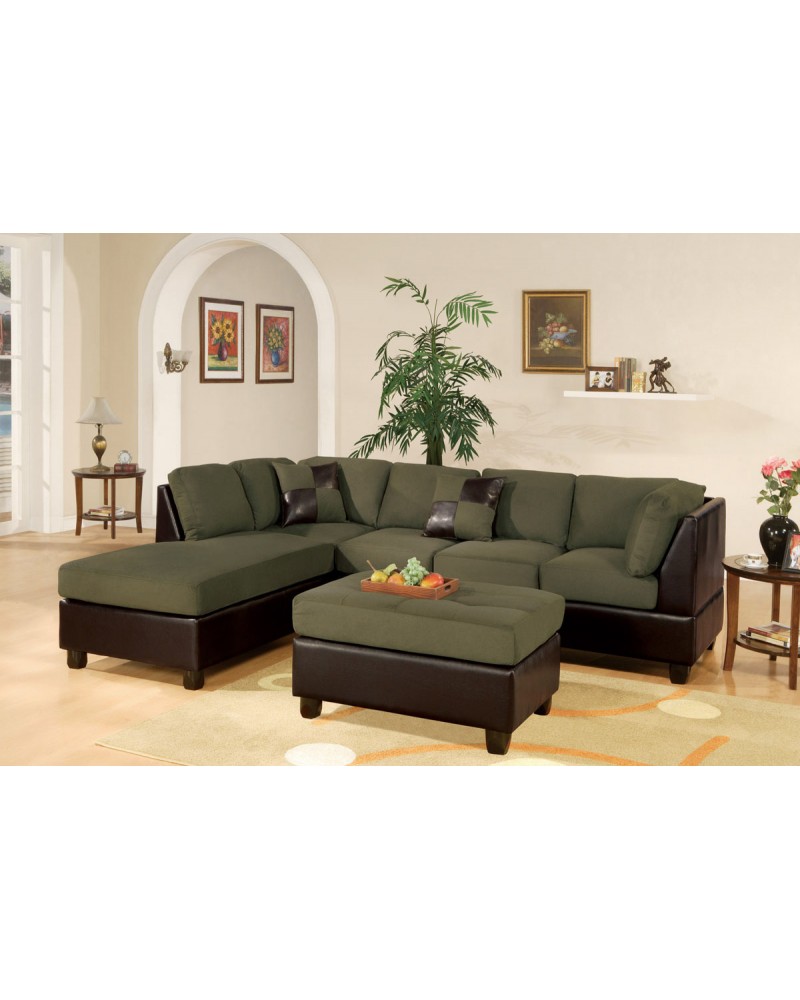 3 Piece Sectional Sofa and Ottoman - Two Tone Microfiber, Sage