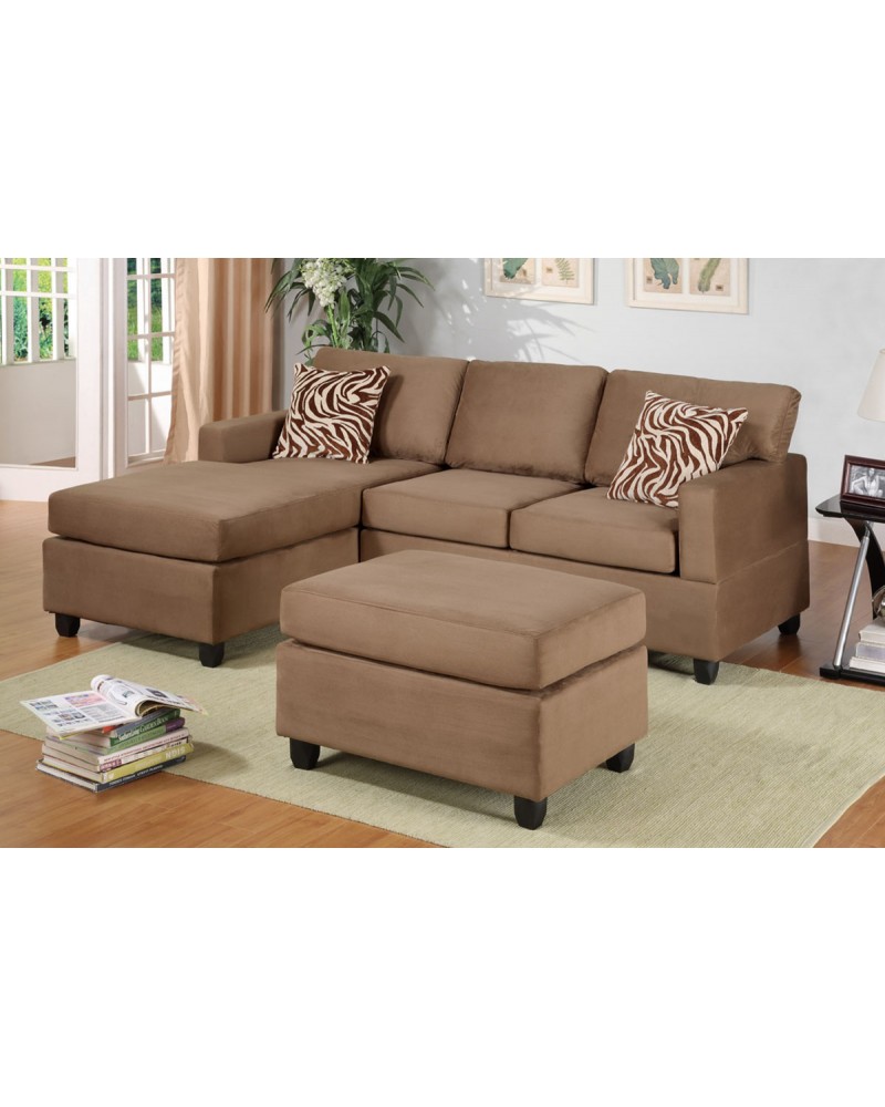 All-In-One Microfiber Plush Sectional Sofa with Ottoman - Saddle Tan