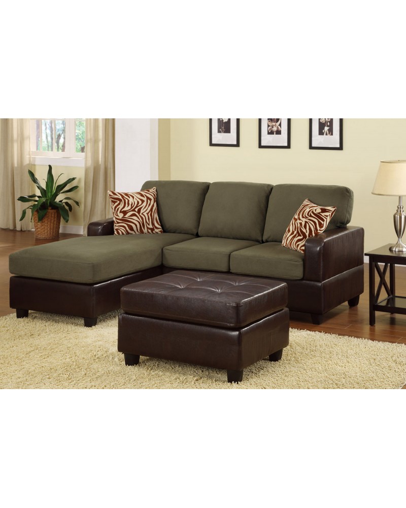 All-In-One Microfiber Plush Sectional Sofa with Ottoman - Sage