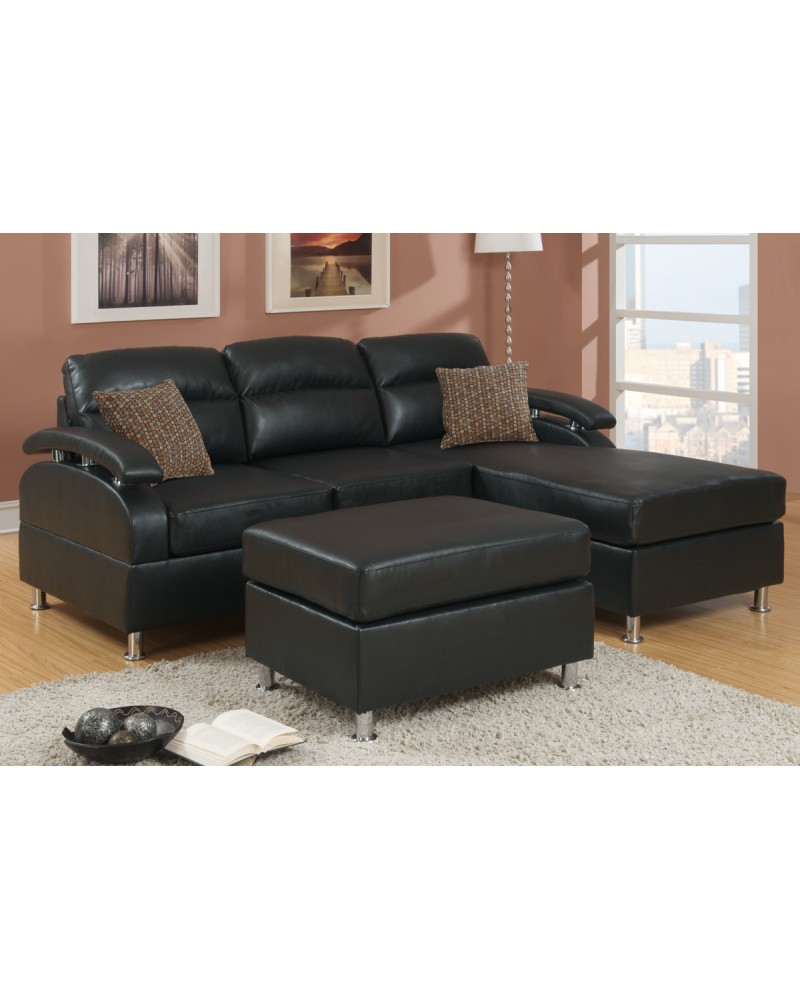 Black Bonded Leather Sectional Sofa with Ottoman - F7685