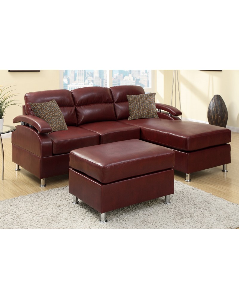 All-In-One Modern Bonded Leather Sectional Sofa with Ottoman - Burgundy