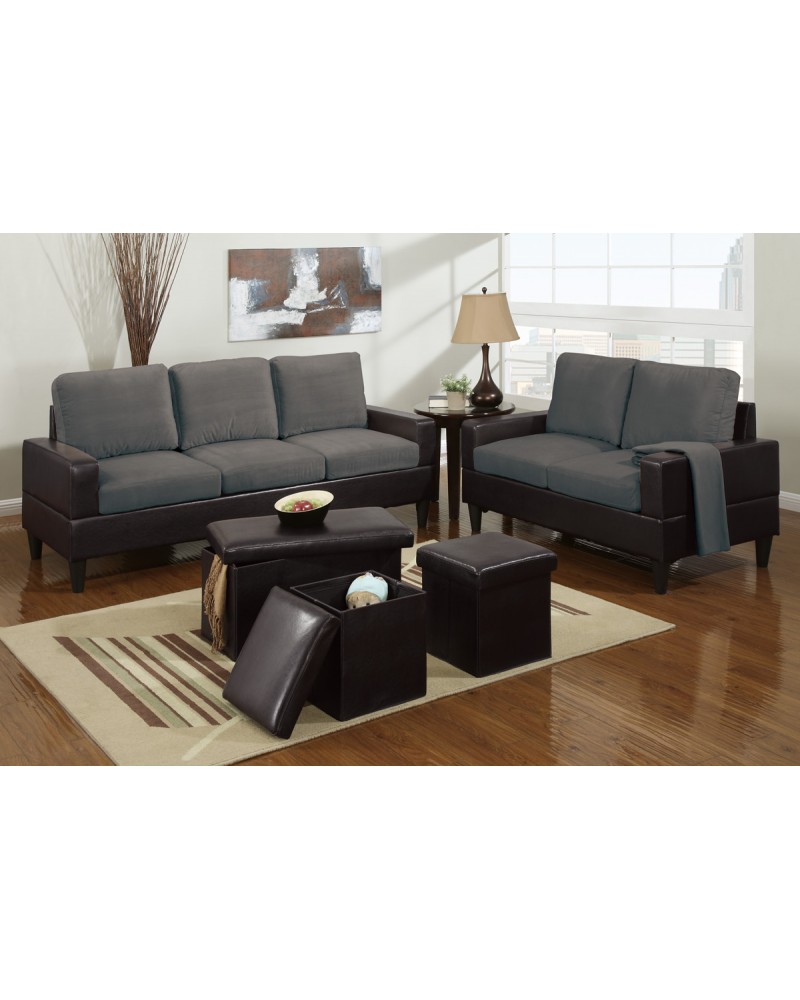 5 Piece Two Tone Grey Microfiber Living Room Set 