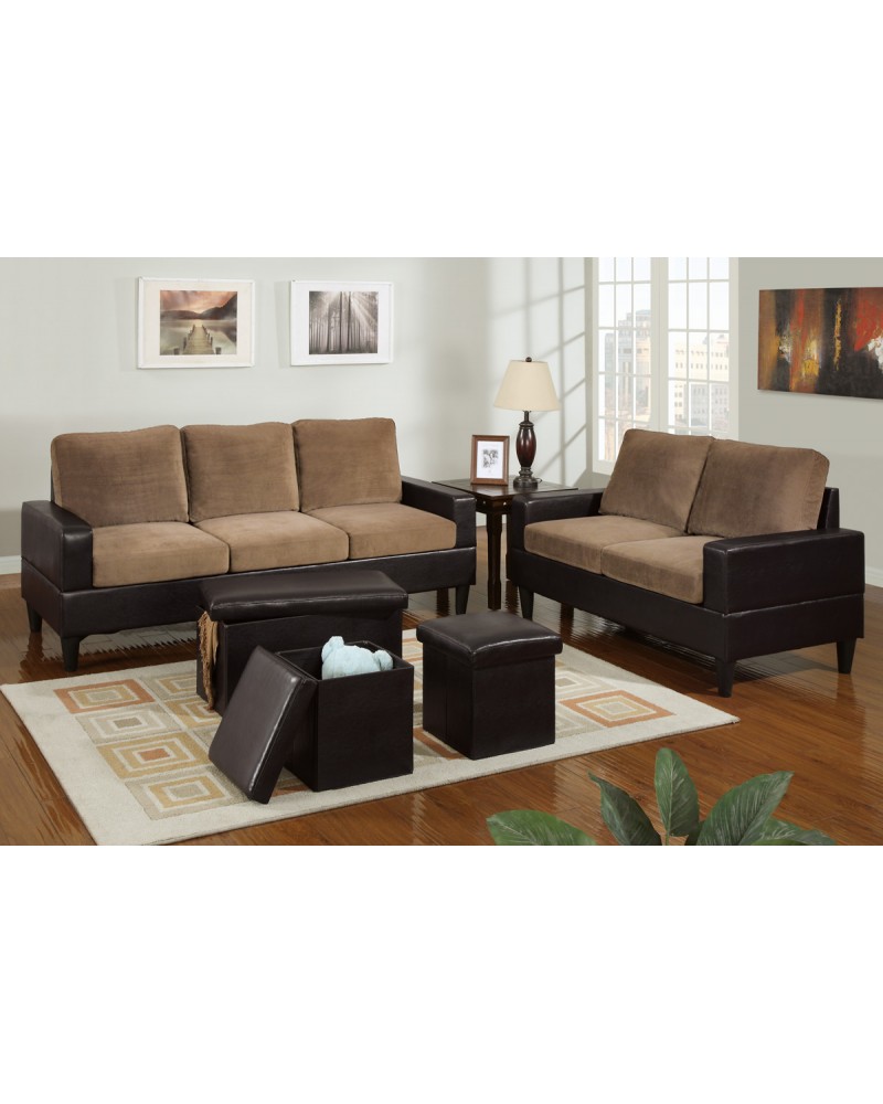 5 Piece Two Tone Saddle Tan Microfiber Living Room Set 