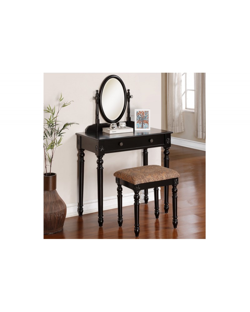 Black Vanity Set with Stool by Poundex- F4076