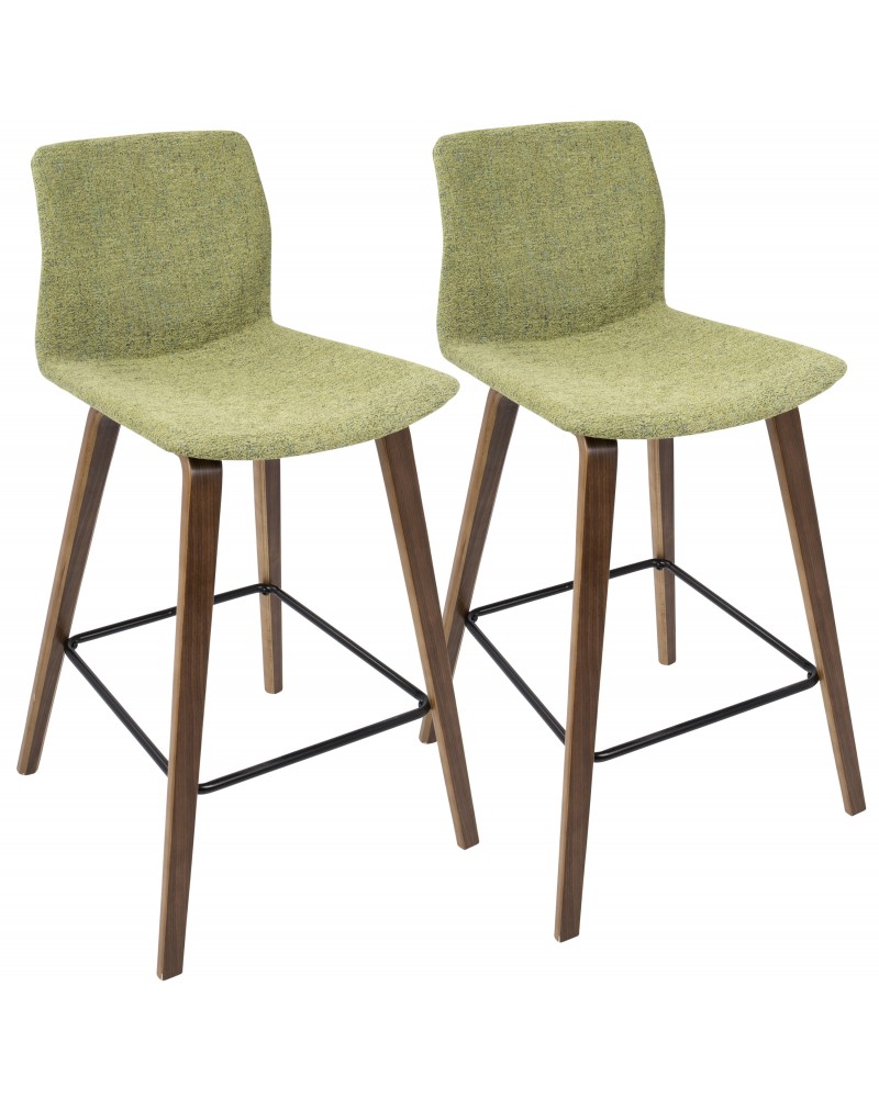 Cabo Mid-Century Modern Counter Stool in Walnut and Green Fabric - Set of 2