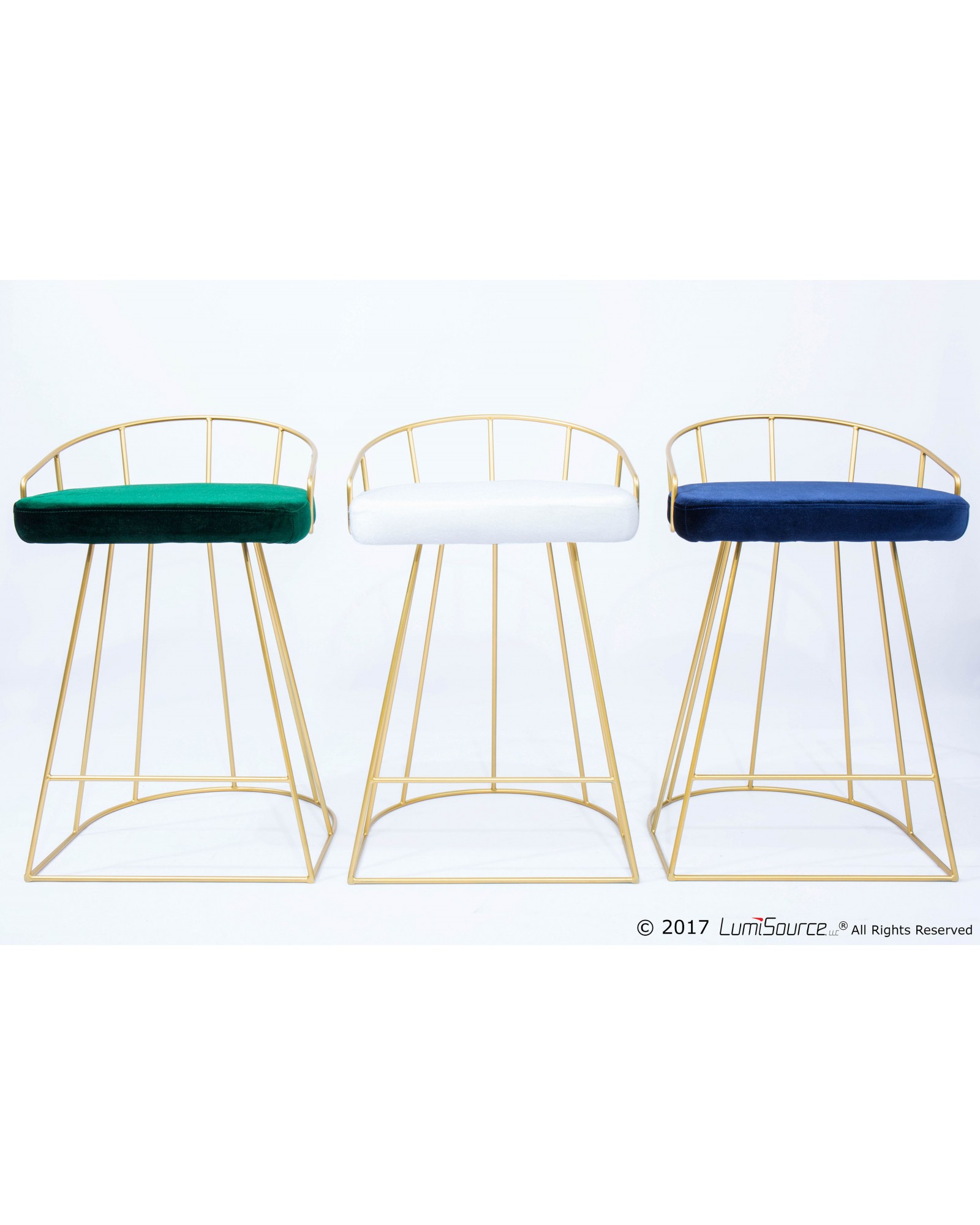 Canary Contemporary-Glam Counter Stool in Gold with Blue Velvet - Set of 2