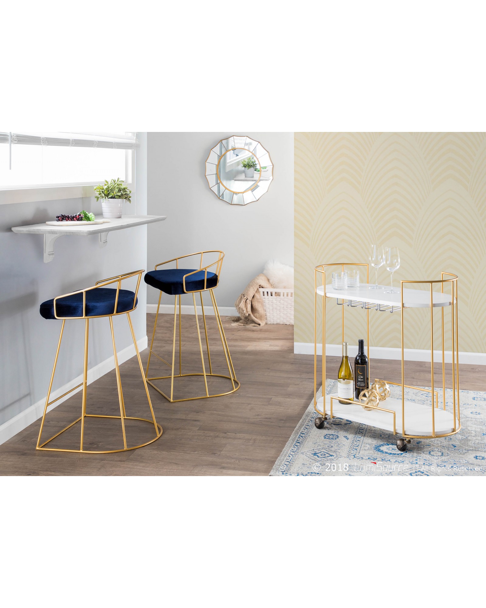 Canary Contemporary-Glam Counter Stool in Gold with Blue Velvet - Set of 2