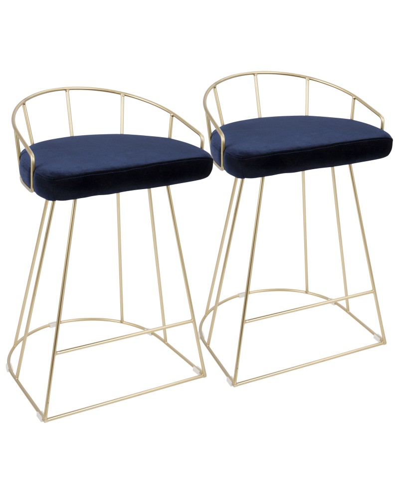 Canary Contemporary-Glam Counter Stool in Gold with Blue Velvet - Set of 2