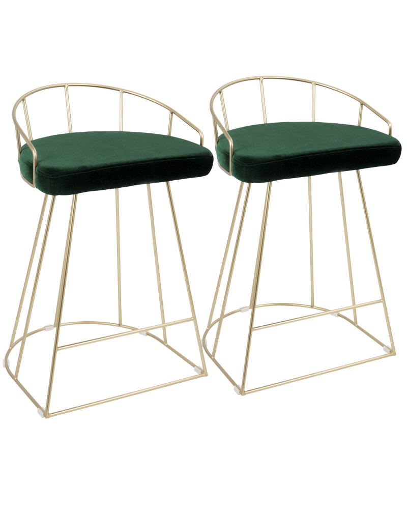 Canary Contemporary-Glam Counter Stool in Gold with Green Velvet - Set of 2