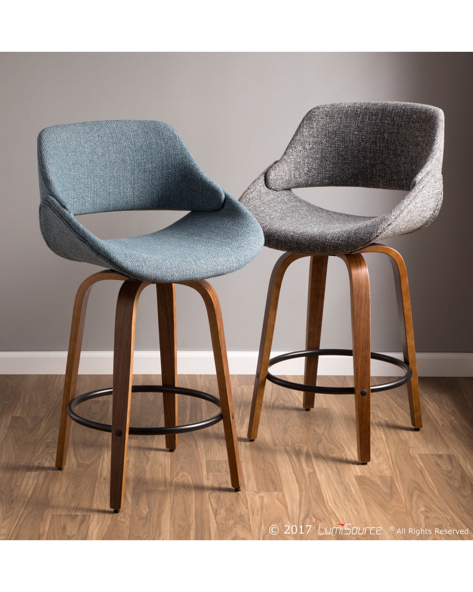 Fabrico Mid-Century Modern Counter Stool in Walnut and Blue Noise Fabric