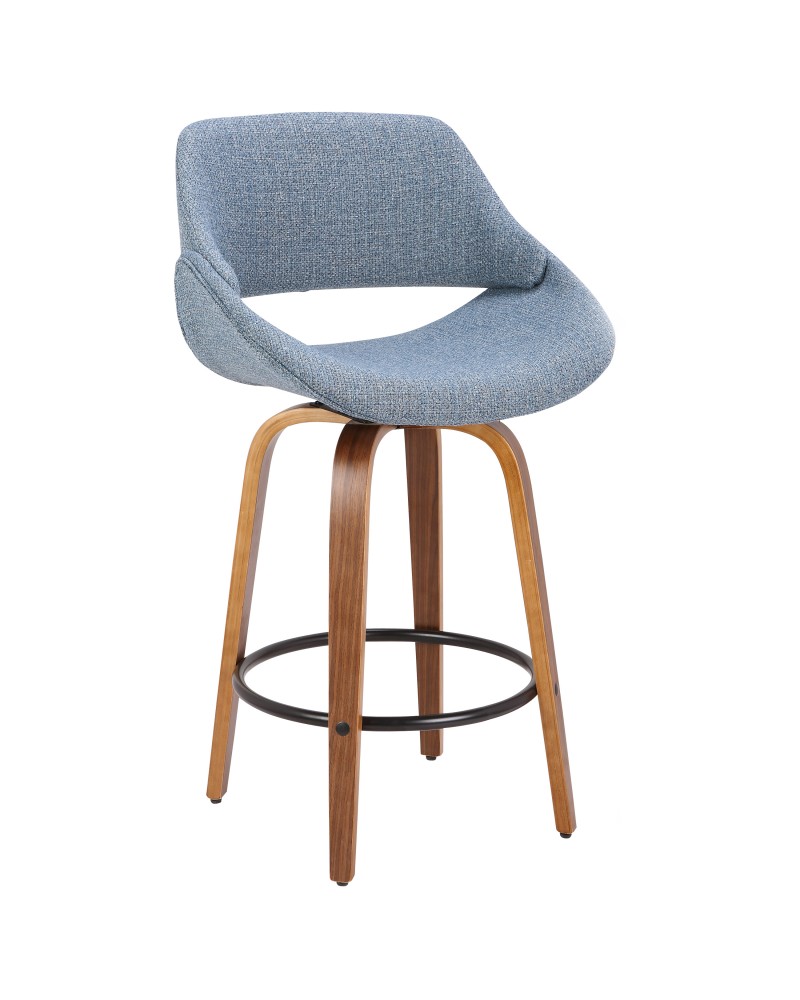 Fabrico Mid-Century Modern Counter Stool in Walnut and Blue Noise Fabric